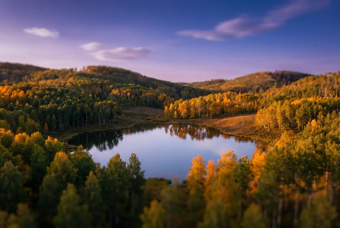 Golden aspen hills around a small lake