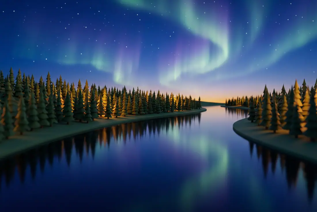 Green aurora over a spruce forest and a river