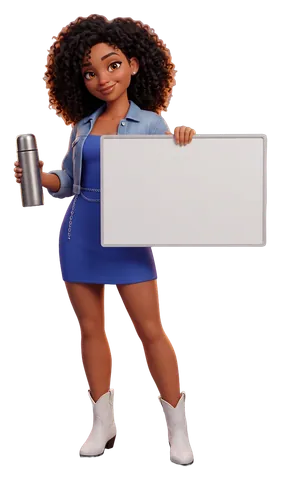 A woman with a thermos, holding a board: 403.7 km from Saskatoon City Hall