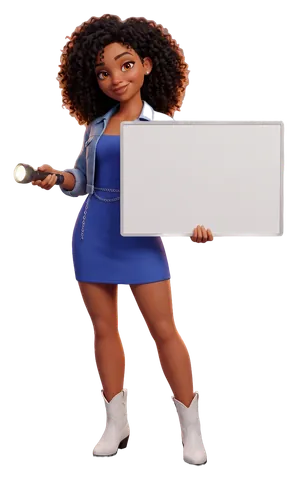 A woman with a flashlight, holding a board: not driving distances