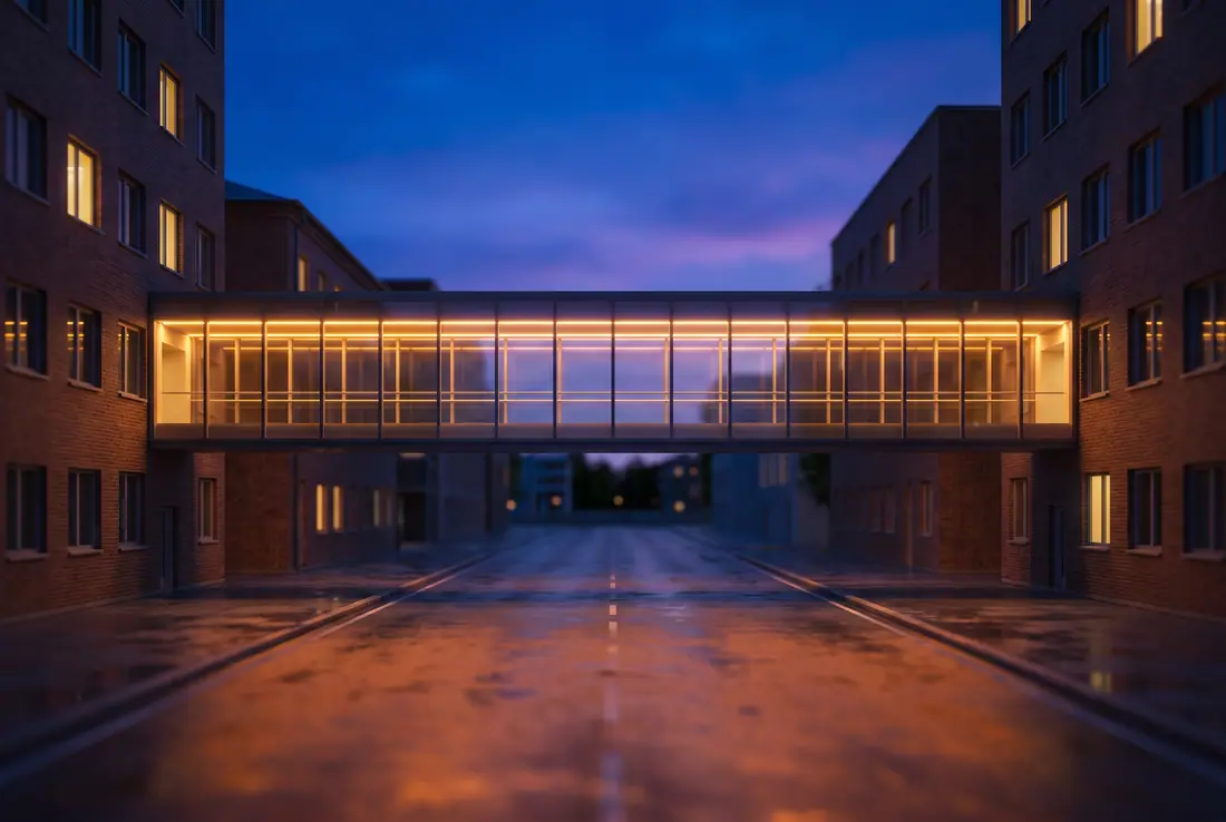 Glass pedestrian bridge over a downtown street at night