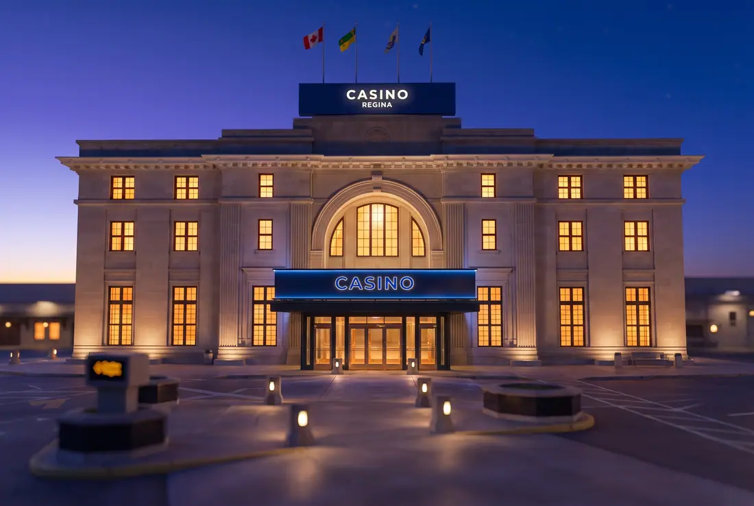 Casino Regina in the former Union Station at blue hour