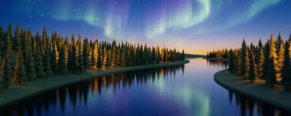 Green aurora over a spruce forest and a river