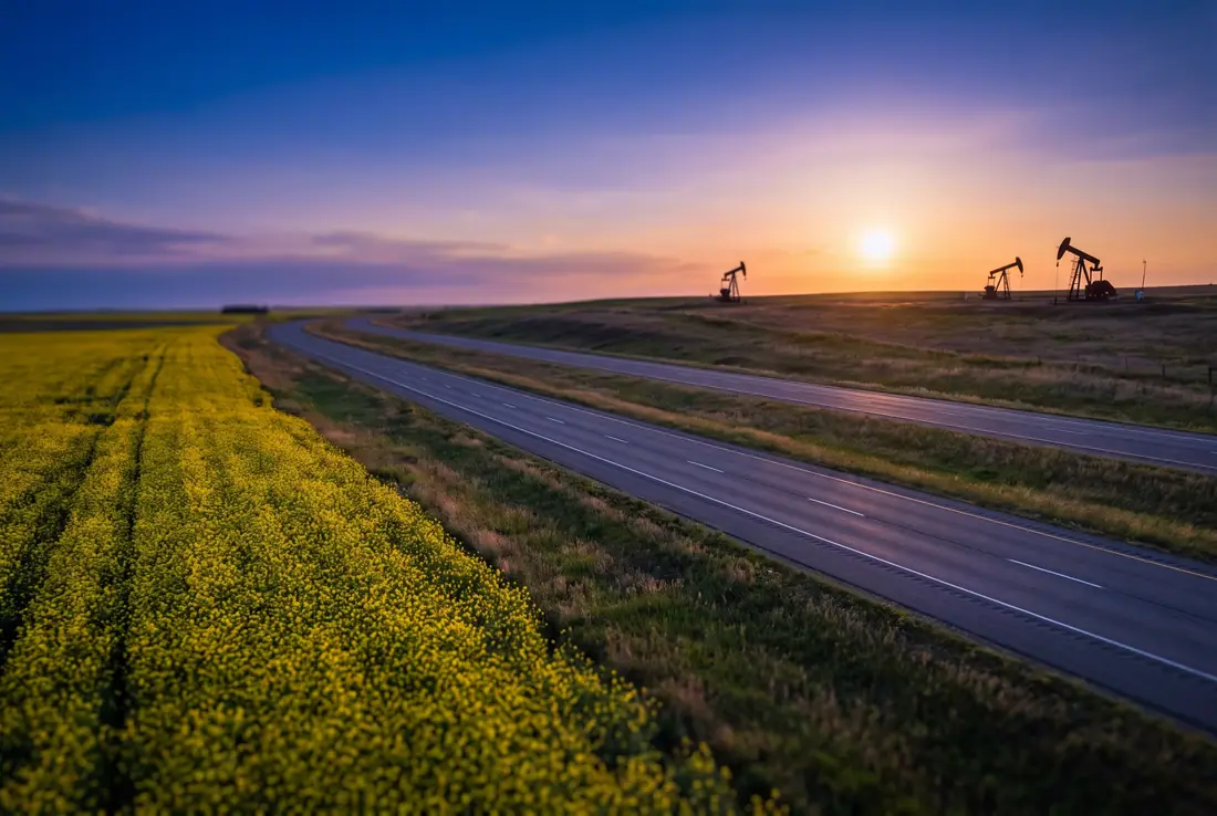 Prairie highway at sunset beside a canola field
